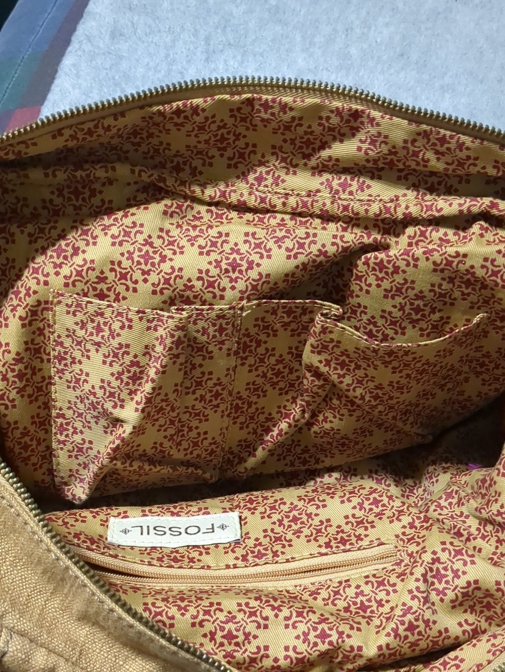 FOSSIL Tan Soft Canvas Brown Leather Gold Studded Tote Shoulder Bag - Picture 10 of 11